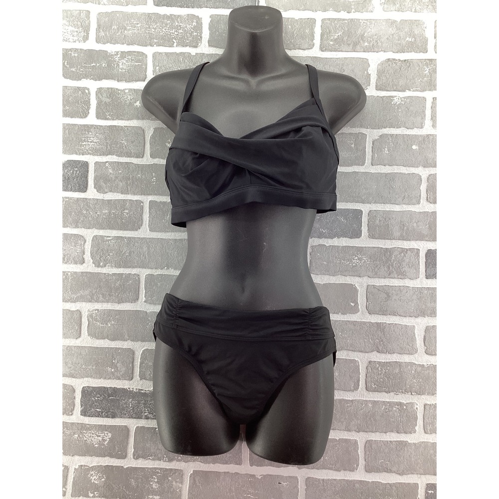 Athleta Black Twist Front Bikini Set 36 B/C Top Medium High Waist Bottoms
